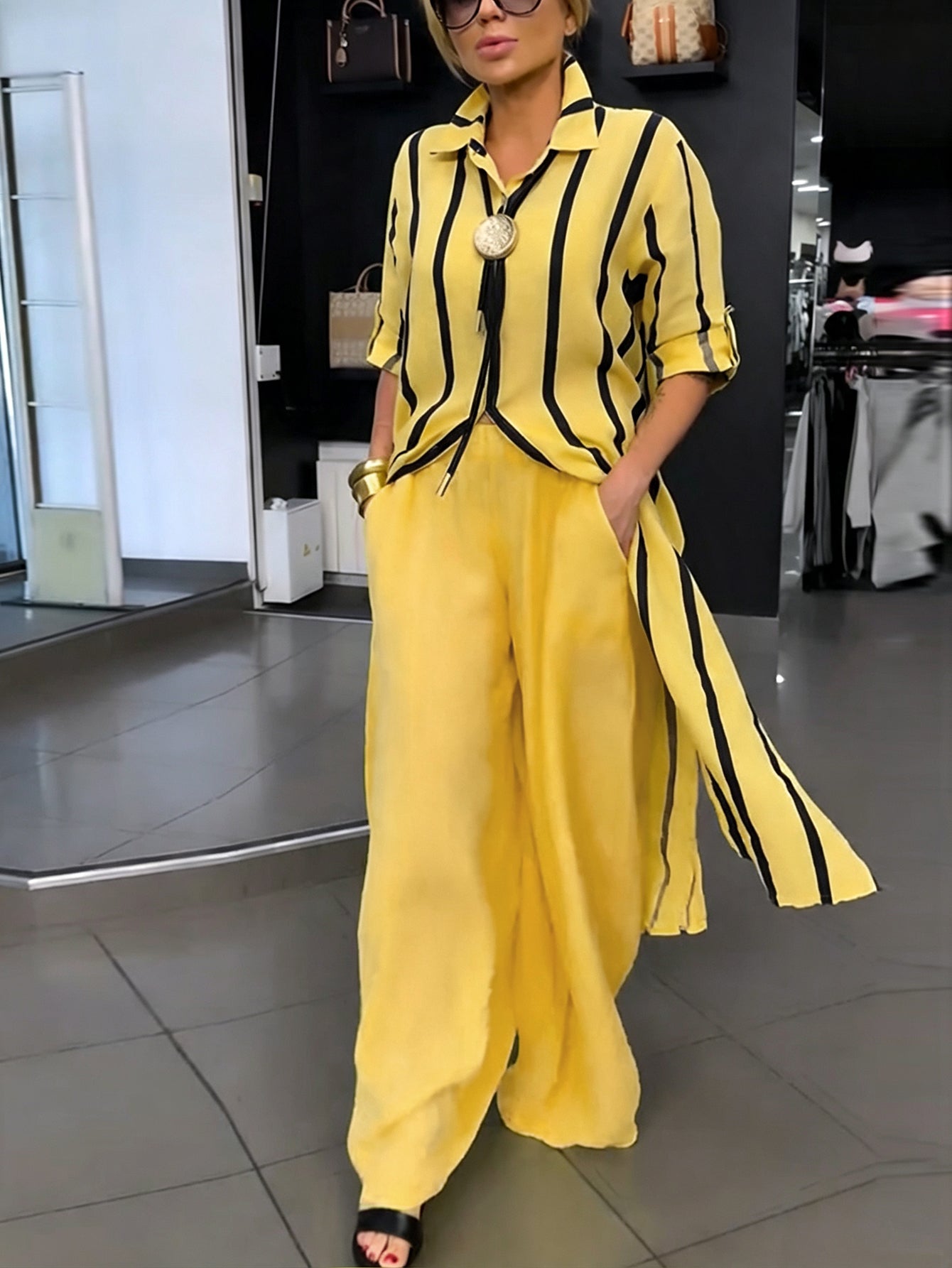 High‑low Long Sleeves Buttoned Contrast Color Striped Lapel Blouses&shirts Tops + Solid Color Pockets Wide‑Leg Bottoms Pants Trousers Two Pieces Set