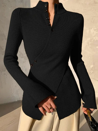 Long Sleeves Asymmetric Split-front Split-Joint V-neck Sweater Tops