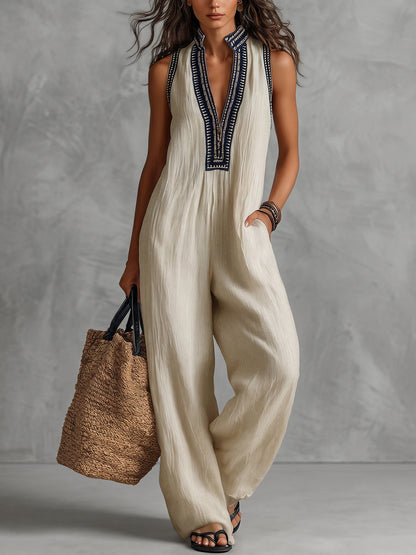 Sleeveless Wide Leg Pockets Solid Color Zipper Stand Collar Jumpsuits