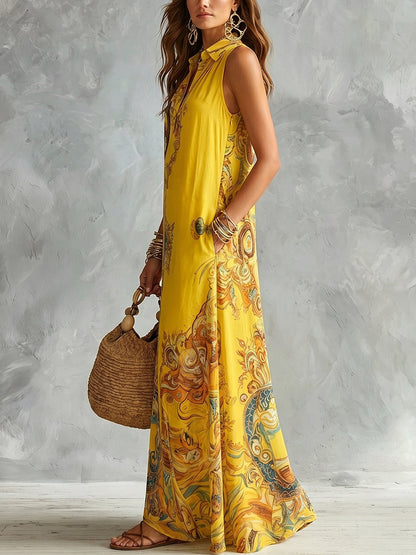 A-Line Loose Buttoned Contrast Color Pockets Printed Zipper Lapel Maxi Dresses Shirt Dress
