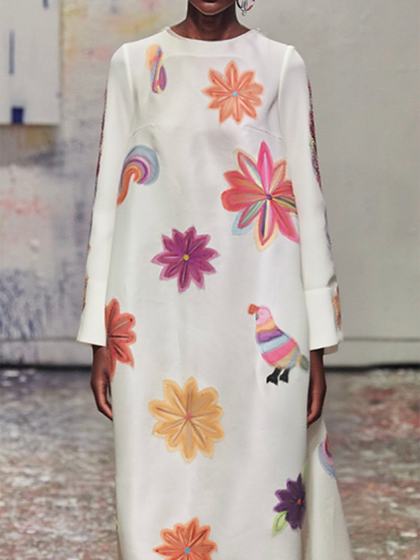 Long Sleeves Loose Flower Print Round-Neck Maxi Dresses