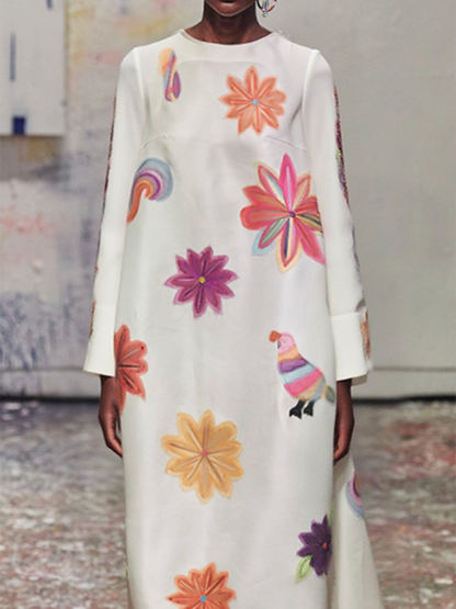 Long Sleeves Loose Flower Print Round-Neck Maxi Dresses
