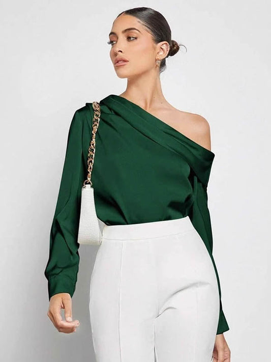 Long Sleeves Skinny Pleated Solid Color Split-Joint One-Shoulder Blouses&Shirts Tops