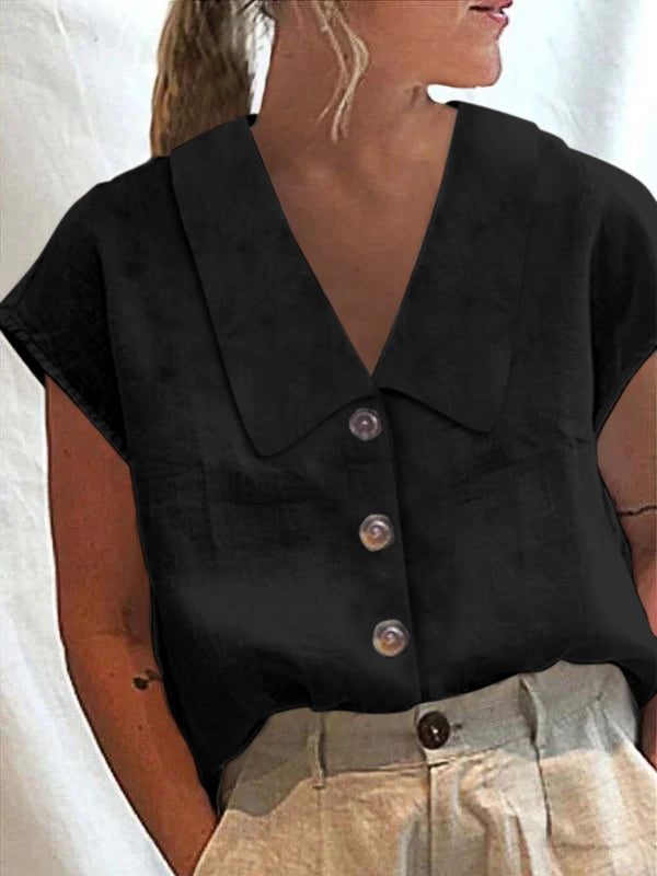 Cap Sleeve Loose Buttoned Solid Color Lapel Blouses&shirts Tops