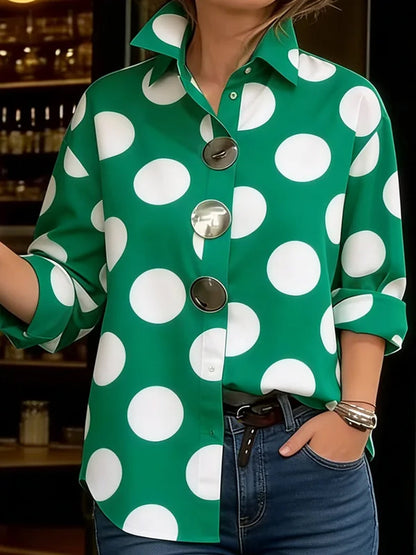 Long Sleeves Loose Buttoned Contrast Color Polka-Dot Lapel Blouses&Shirts Tops