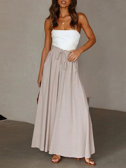 High Waisted Loose Drawstring Elasticity Pockets Solid Color Pants Trousers APRICOT