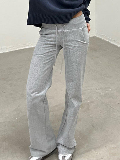 Flared Pants Loose Drawstring Pockets Solid Color Pants Trousers