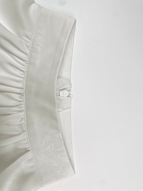 Half Sleeves Loose Layered Pleated Solid Color Split-Joint Mock Neck Blouses&Shirts Tops