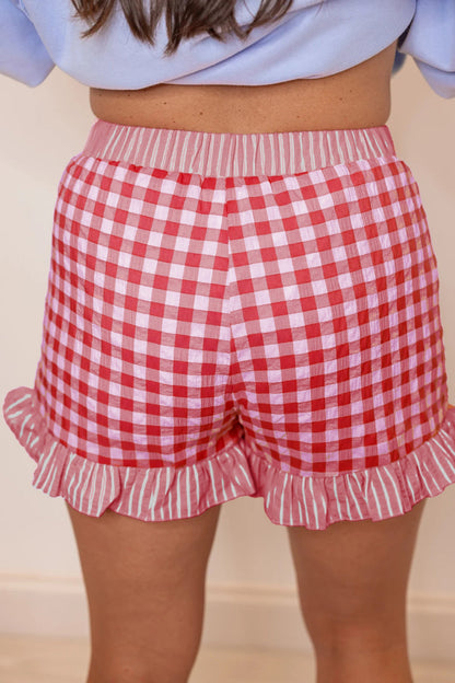 Sky Blue Gingham Print Ruffle Striped Detail Lace Tie Shorts