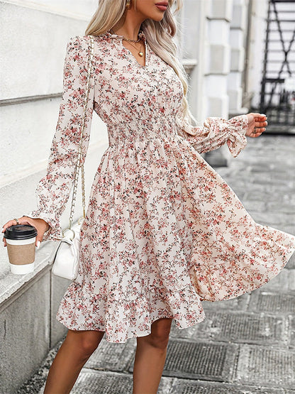 A-Line Long Sleeves Elasticity Flower Print V-Neck Midi Dresses