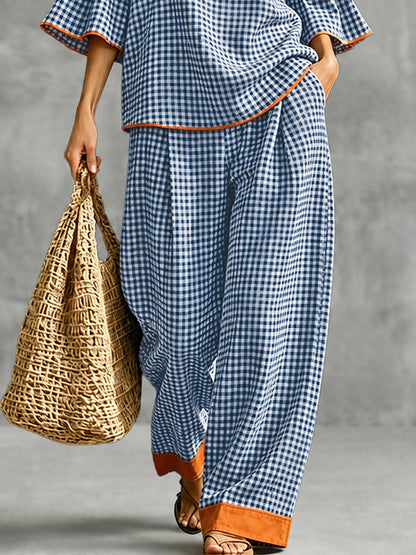 Pockets Plaid Contrast Color Wide Leg High Waisted Trousers Pants