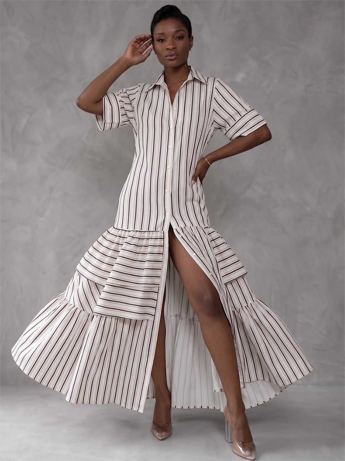 Half Sleeves Loose Buttoned Contrast Color Pleated Split-Joint Striped Lapel Maxi Dresses Shirt Dress