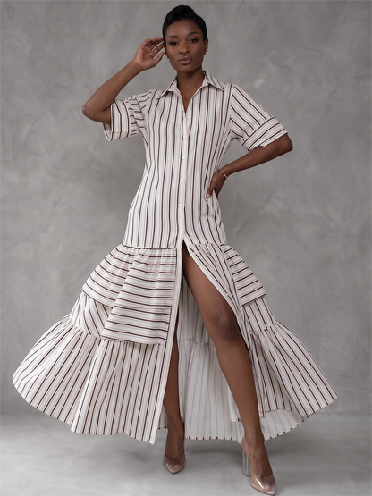 Half Sleeves Loose Buttoned Contrast Color Pleated Split-Joint Striped Lapel Maxi Dresses Shirt Dress