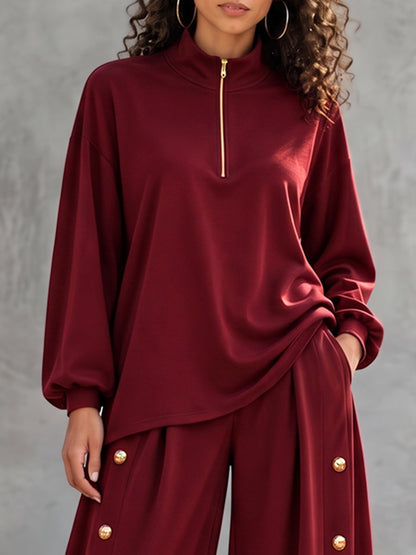 Zipper Solid Color Loose Long Sleeves Mock Neck Sweatshirt Tops