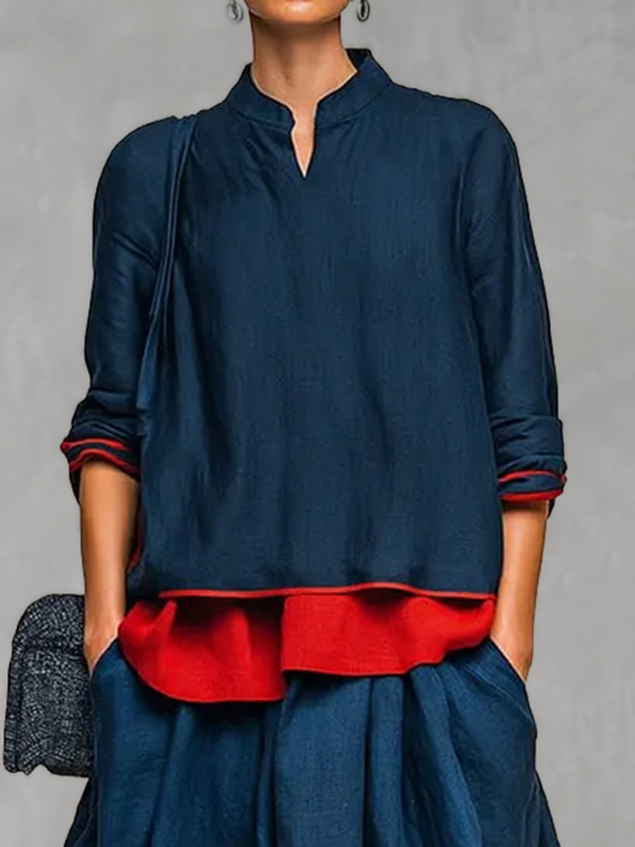 Contrast Color Loose Long Sleeves V-neck Blouses&shirts Tops