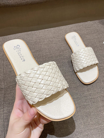 Solid Color Square-Toe Woven Flats Mules&Slides