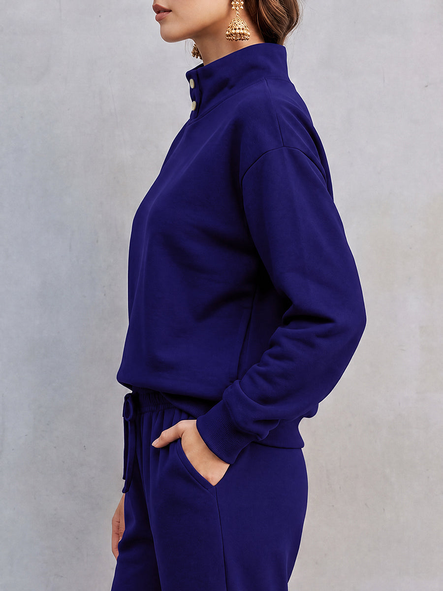 Solid Color Buttoned Loose Long Sleeves Stand Collar Sweatshirt Tops