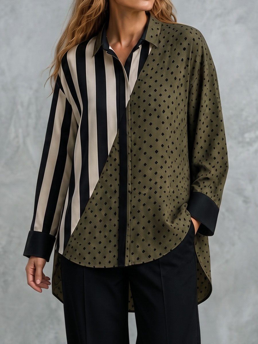 Striped Split-Joint Polka-Dot Buttoned Asymmetric Loose Long Sleeves Lapel Blouses&shirts Tops