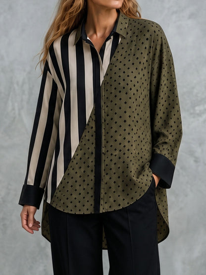 Striped Split-Joint Polka-Dot Buttoned Asymmetric Loose Long Sleeves Lapel Blouses&shirts Tops