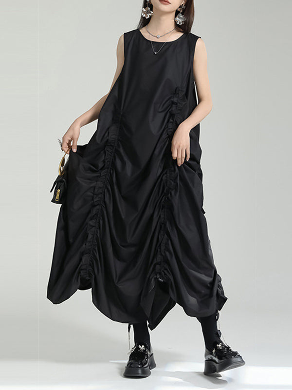 Robe mi-longue ample sans manches, asymétrique, élastique, plissée, couleur unie, col rond 