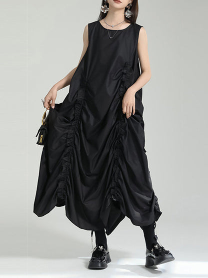 Robe mi-longue ample sans manches, asymétrique, élastique, plissée, couleur unie, col rond 