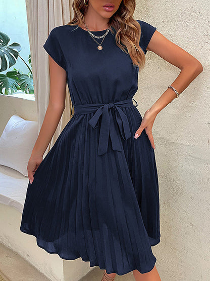 A-Line Loose Pleated Solid Color Tied Waist Round-Neck Midi Dresses