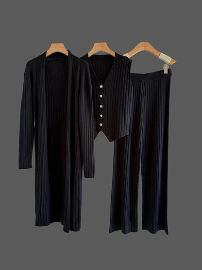 Knitting Sleeveless V-Neck Vest Top +  Long Sleeves Cardigan + High Waisted Pants Three Pieces Set