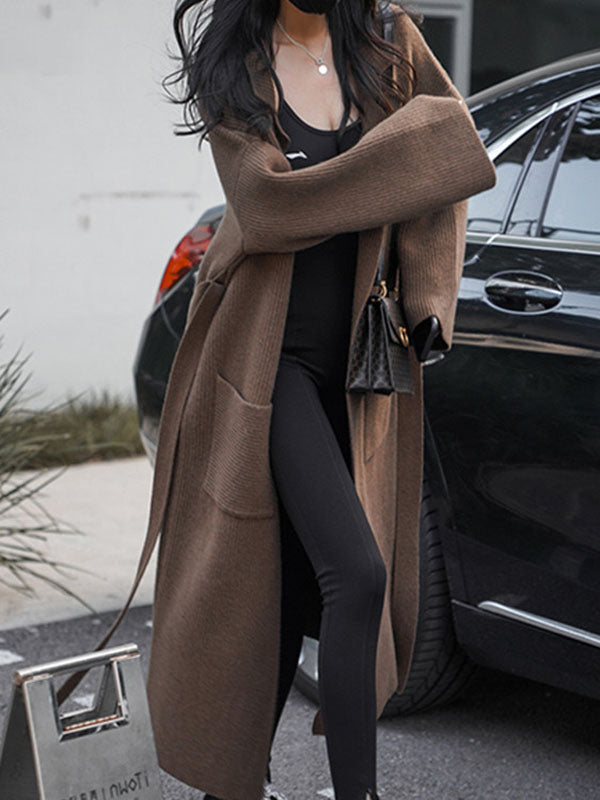 Long Sleeves Loose Pockets Solid Color Tied Waist Notched Collar Cardigan Coats