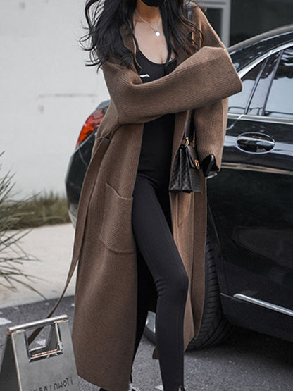 Long Sleeves Loose Pockets Solid Color Tied Waist Notched Collar Cardigan Coats