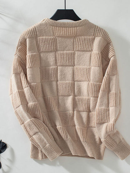 Long Sleeves Loose Solid Color Split-Joint Round-Neck Pullovers Sweater Tops