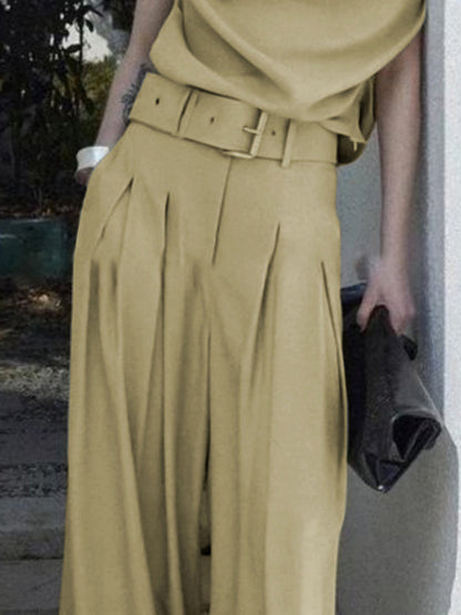 Loose Wide Leg Belted Pleated Solid Color Casual Pants Bottoms
