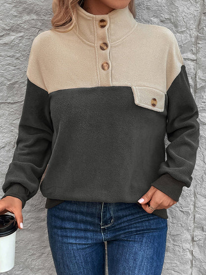 Sweat-shirt ample à manches longues, boutonné et contrasté, en velours, à col montant et à fentes 