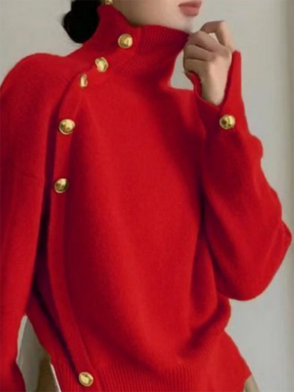 Long Sleeves Loose Beaded Solid Color Split-Side High Neck Sweater Tops