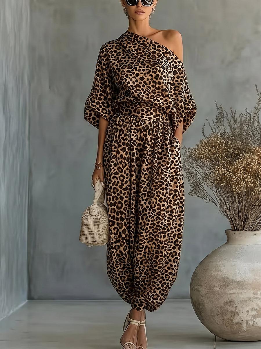 Half Sleeves Leopard Printed One-Shoulder Blouses&Shirts Tops + Pleated Pockets High Waisted Ankle-Tied Pants Trousers Two Pieces Set