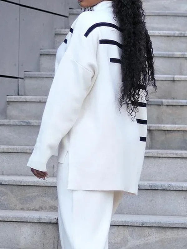 High-Low Long Sleeves Contrast Color Split-Side High Neck Pullovers Sweater Tops