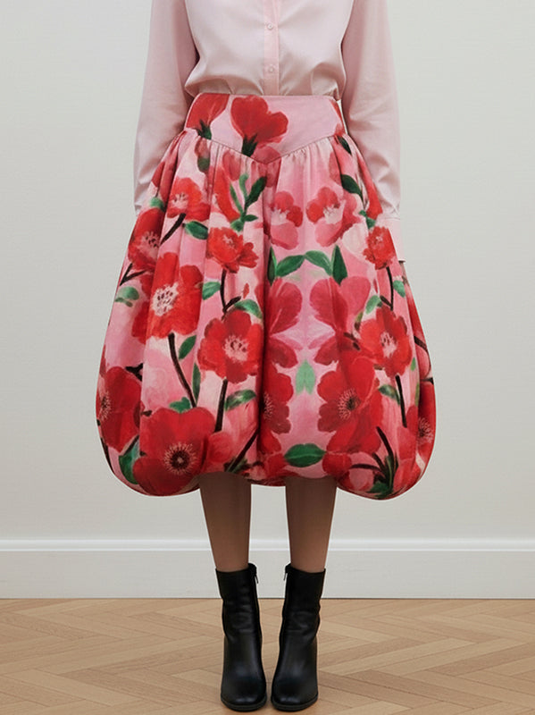 A-Line Loose Contrast Color Flower Print Skirts Bottoms