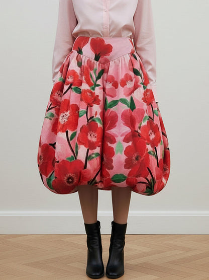 A-Line Loose Contrast Color Flower Print Skirts Bottoms