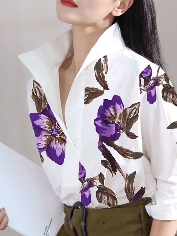 Long Sleeves Loose Flower Print Stand Collar Blouses&Shirts Tops