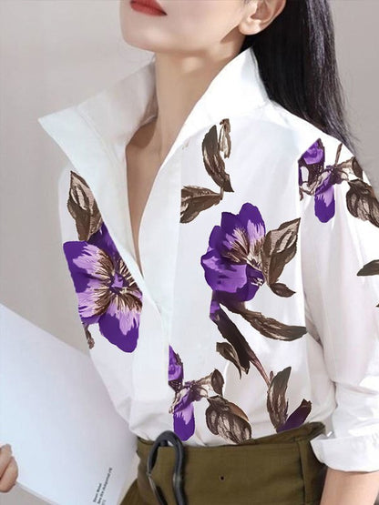 Long Sleeves Loose Flower Print Stand Collar Blouses&Shirts Tops