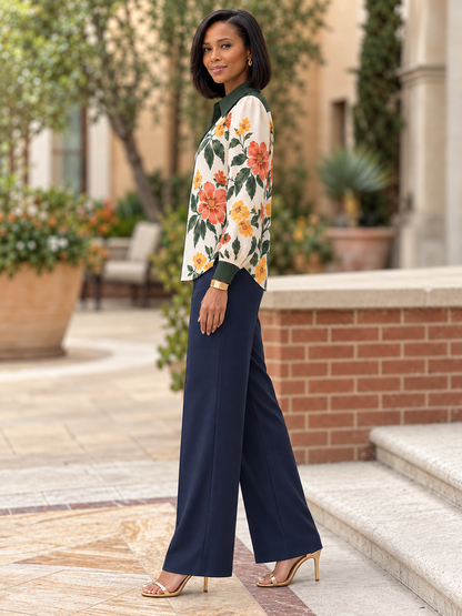 Split-Joint Flower Print Contrast Color Buttoned Long Sleeves Lapel Blouses&shirts Tops