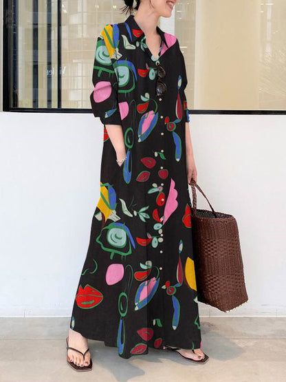 Long Sleeves Loose Buttoned Pockets Printed Lapel Maxi Dresses Shirt Dress