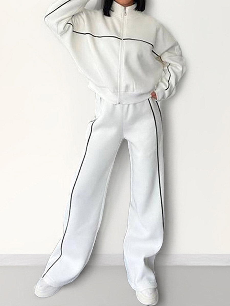 Contrast Color Line Split-Joint Zipper Lapel Outerwear + Elasticated Waist High Waisted Drawstring Pants Two Pieces Set