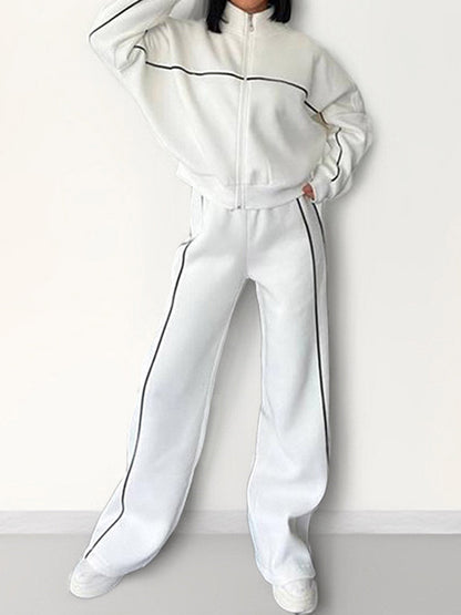 Contrast Color Line Split-Joint Zipper Lapel Outerwear + Elasticated Waist High Waisted Drawstring Pants Two Pieces Set