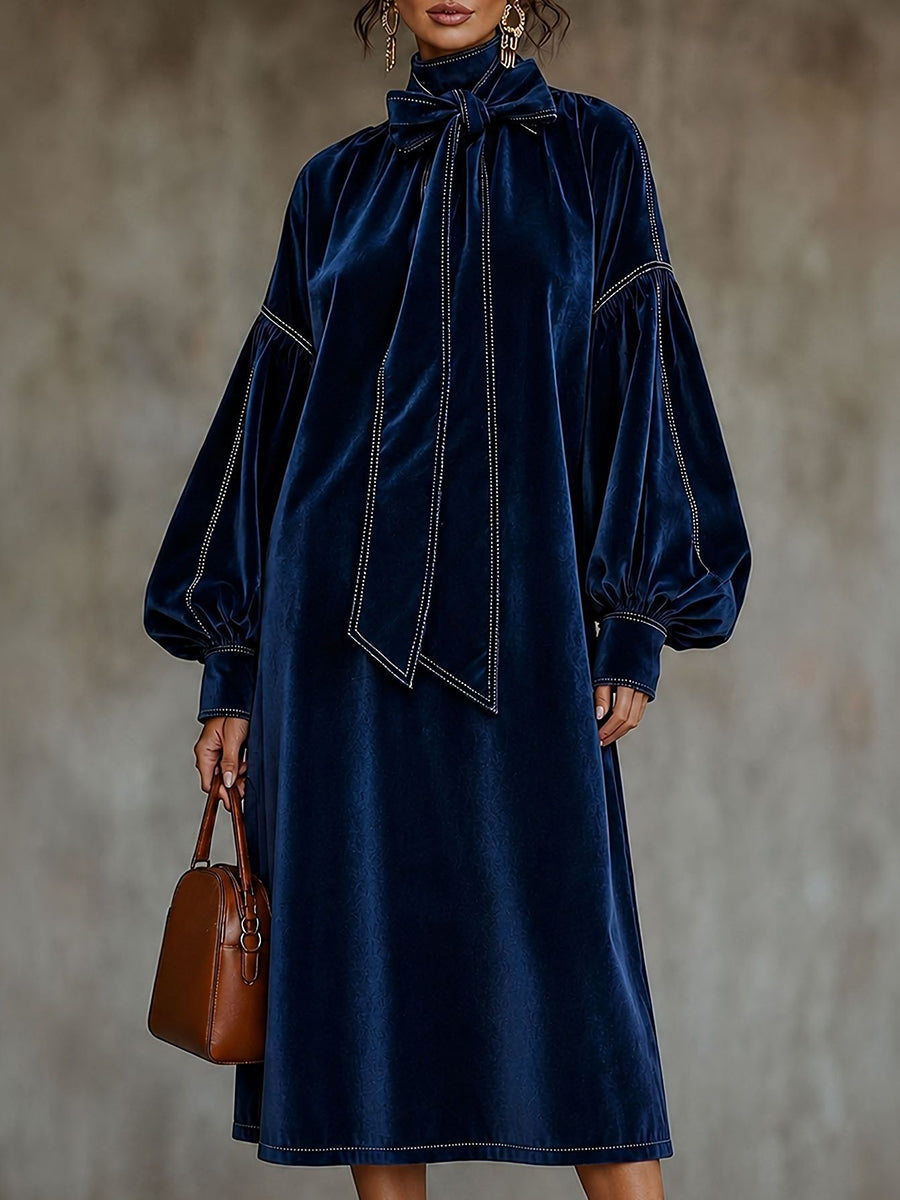 Split-Joint Knot Contrast Color Puff Sleeves Plus Size High-neck Midi Dresses