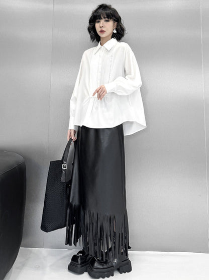 Long Sleeves Loose Buttoned Pleated Solid Color Polo Blouses&Shirts Tops