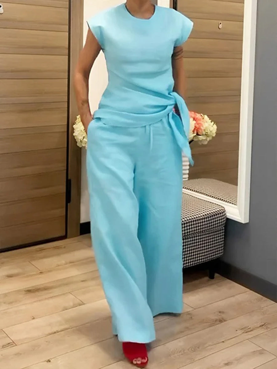 Sleeveless Solid Color Tied Round-Neck T-Shirts Tops