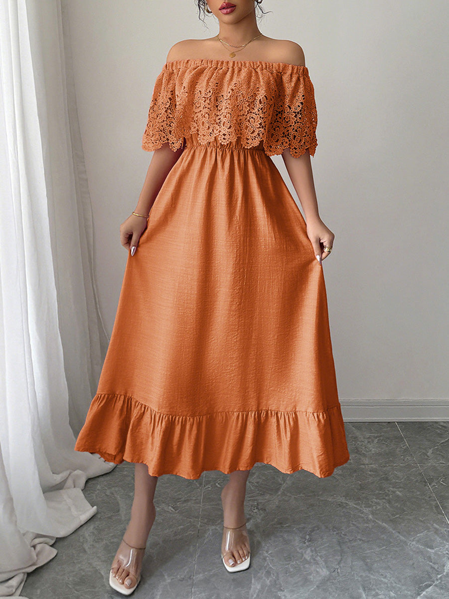 A-Line High Waisted Pleated Ruffled Solid Color Split-Joint One-Shoulder Midi Dresses