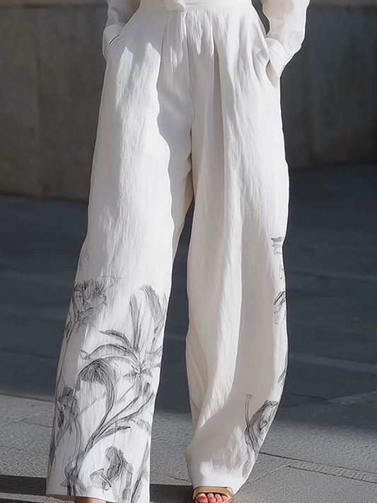 High Waisted Wide Leg Buttoned Flower Print Pleated Pockets Solid Color Pants Trousers