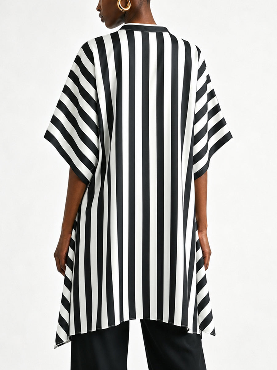 Striped Contrast Color Asymmetric Loose Half Sleeves V-neck Blouses&shirts Tops