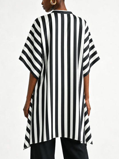 Striped Contrast Color Asymmetric Loose Half Sleeves V-neck Blouses&shirts Tops